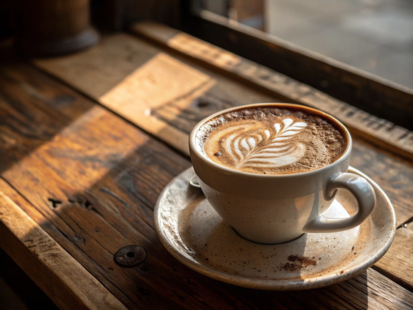 Close-up of a fancy latte with warm lighting on wooden table